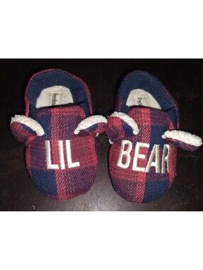 Dearfoams Lil Bear Baby Slippers - Red and Navy Plaid